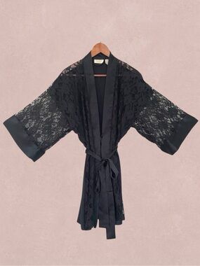 Vintage Victoria’s Secret Kimono Robe Satin Lace Black One Size Gold Label